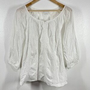 Charter Club Women Eyelet Blouse 3/4 Sleeve‎ White Top Lightweight Summer Relax